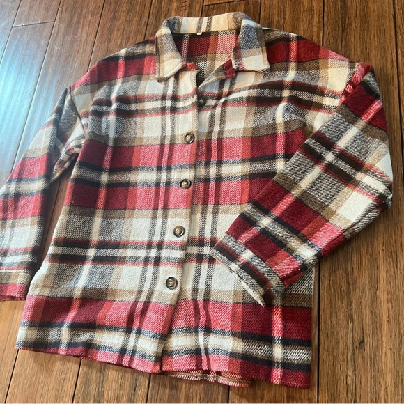Plaid Flannel Shacket Button Down Jacket Shirt Pockets Red Boho Western Medium - Picture 3 of 14